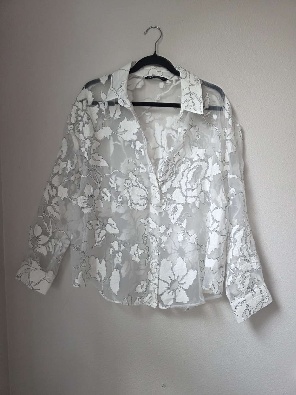 White Floral Sheer Button-Down Shirt